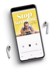 Podcast Stop Stretching by Yogi Aaron displayed on a cell phone with ipods laying next to it