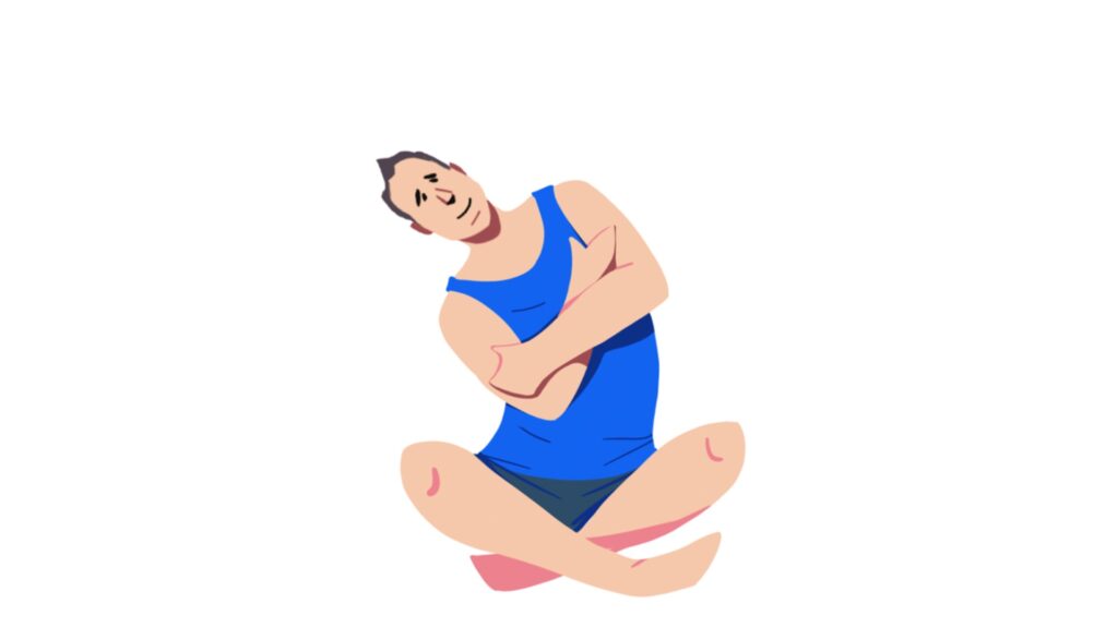 A lineart picture of Yogi Aaron from his book: Stop Stretching where he is using his side lateral muscles to do a seated side bender yoga pose.