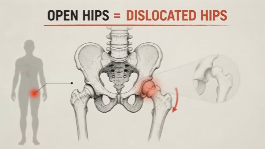 Diagram of hips and skeleton showing how open hips = dislocated hips