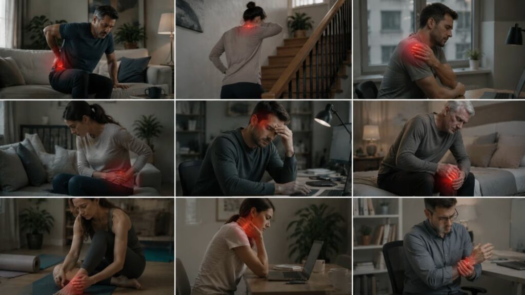 People showing different chronic pain points in red on their bodies