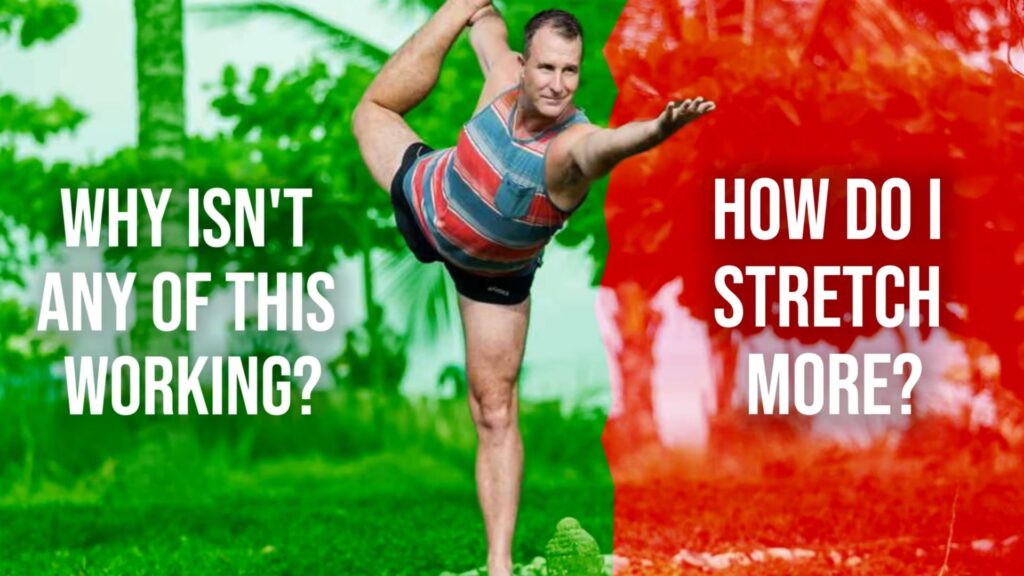 Yogi Aaron in Dancer's Pose asking "How do I stretch more?" and "Why isn't this working?"