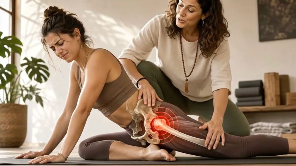 Is pigeon pose bad for you? Woman doing Pigeon pose with hip pain